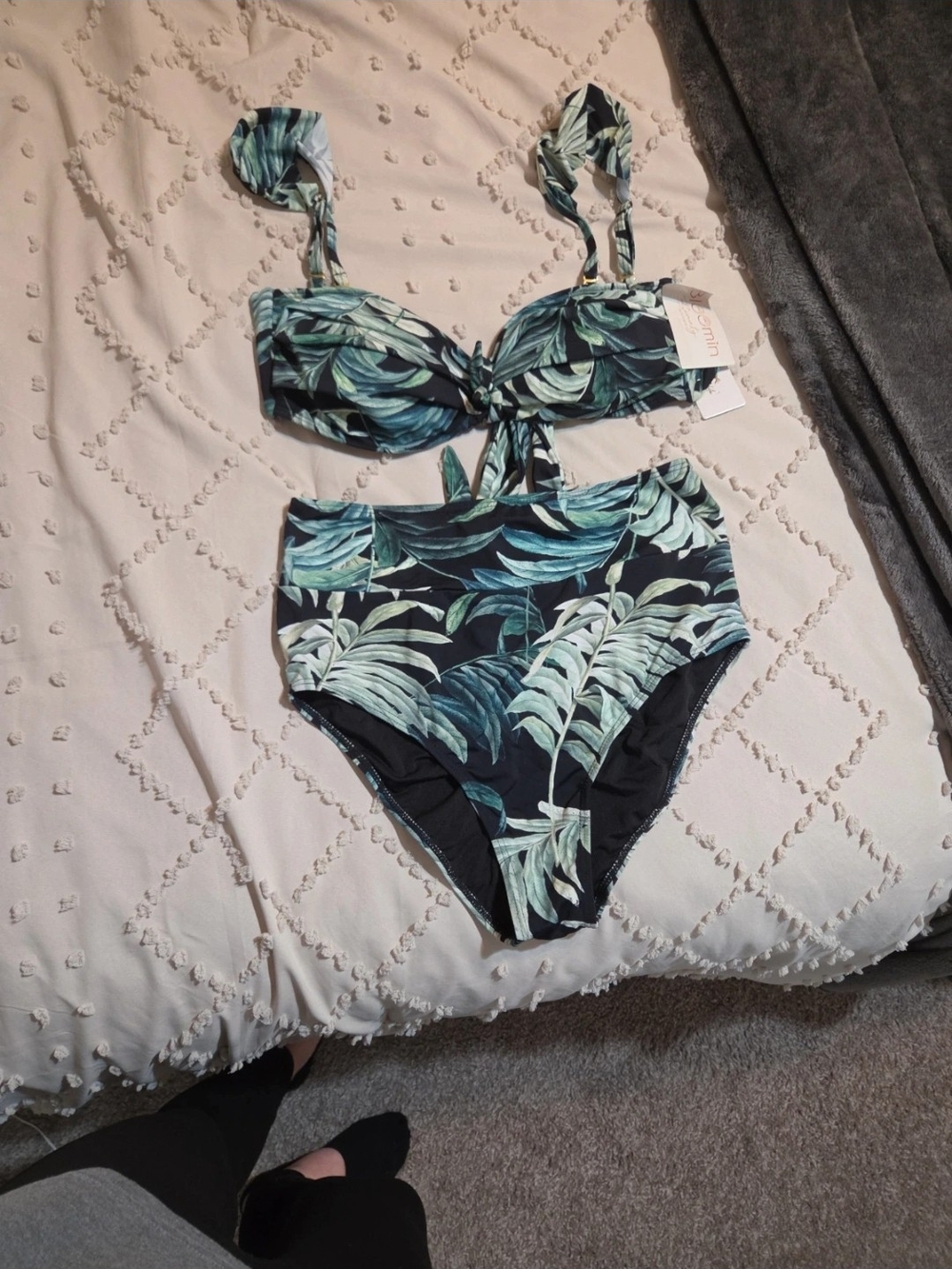 Tropical Leaf High-Waist Bikini Set - Green Leaf Print